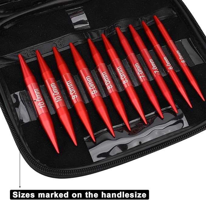 Looen 57 pcs Aluminum Circular Knitting Needles Set with Ergonomic Handles,13 Size Interchangeable Crochet Needles with Storage Case for Small Project (Style 1 New Red)