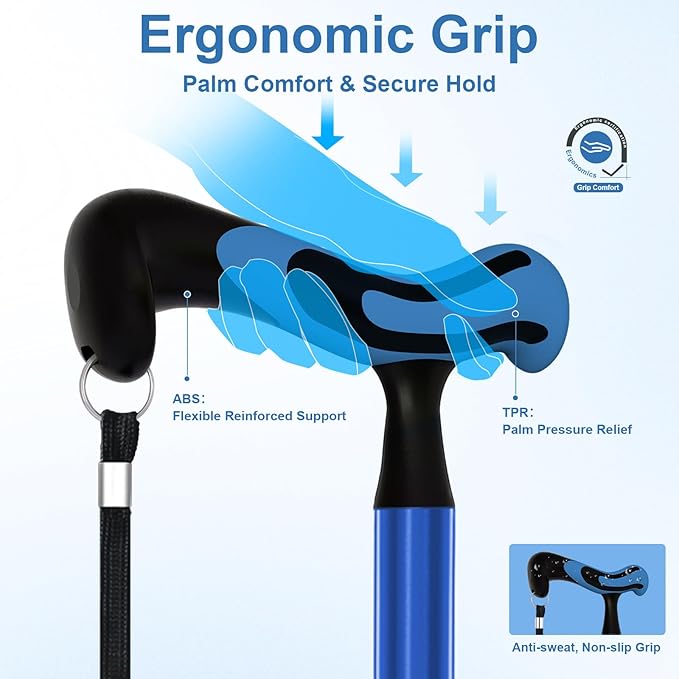 KingPavonini Walking Cane for Men Women Stability, Free Standing Foldable Cane, Ergonomic Handle Pivoting Quad Base, Heavy Duty 350 LBs, Adjustable Walking Canes for Seniors Balance with Travel Bag