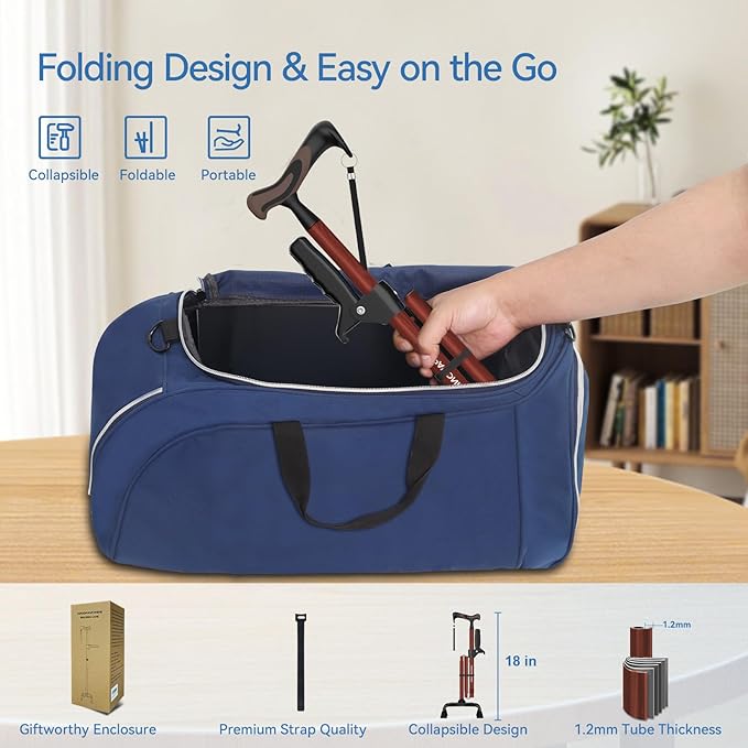 KingPavonini Walking Cane for Women/Men with Second Handle, Foldable & Adjustable Quad Cane with 4-Pronged Base for Standing, Lightweight Walking Aid for Seniors & Adults