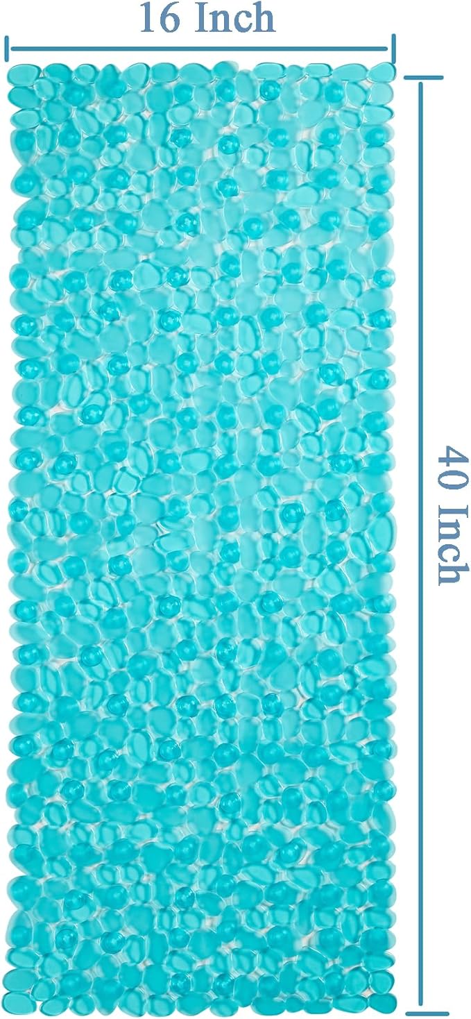 Bath Shower Mat Non Slip: Extra Large Pebble Bathtub mat for Families, Anti Slip Shower Matt with Drain Holes Suction Cups Tub Mat - 16 X 40 Inch Clear Green