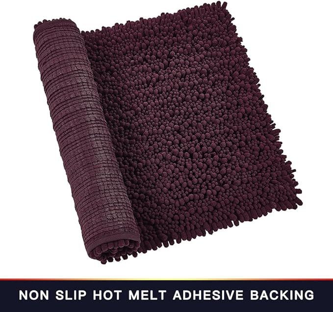 Walensee Bathroom Rug Non Slip Bath Mat (24x17 Inch Burgundy) Water Absorbent Super Soft Shaggy Chenille Machine Washable Dry Extra Thick Perfect Absorbant Best Small Plush Carpet for Shower Floor