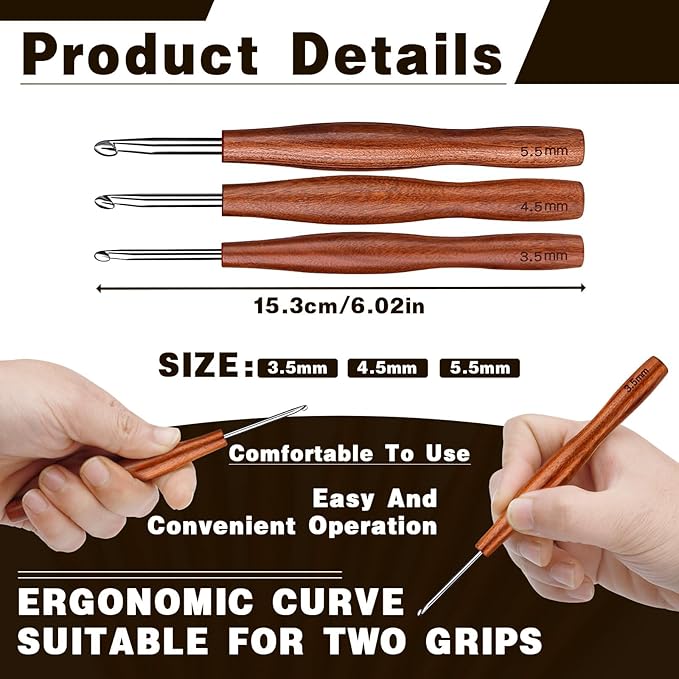 Nitlak 3 Pcs Crochet Hook, 3 Size Aluminum Ergonomic Crochet Hook with Wooden Handle for Arthritic Hands, Beginners, Crochet Needles for Knitting (3.5mm/4.5mm/5.5mm)