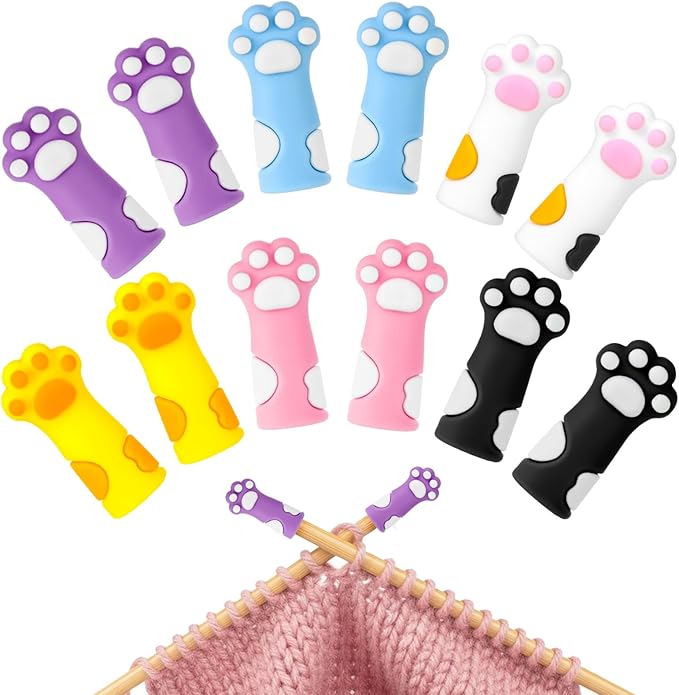12PCS Cat Paw Knitting Needle Stoppers, Silicone Knit Needles Point Protectors Caps Needle Minders Locks, Knit Stitch Holders for Knitting Accessories and Gadgets