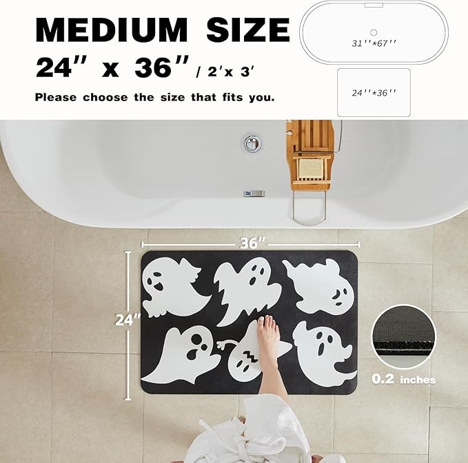 Halloween Bath Mat, Thin Halloween Bathroom Rug Non Slip Quick Dry Ghost Bath Mat Fits Under Door Thin Floor Mat Halloween Decor, 24''x36'', Ghosts Black
