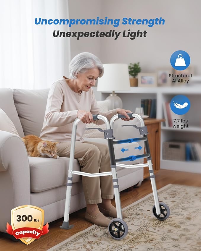 Folding Walkers for Seniors, Adjustable Width & Height, Standard Walkers with Basket, 2 Skis, 5” Front Wheels, Lightweight Walkers for Elderly & Disabled, Thickened Aluminum Adult Walker