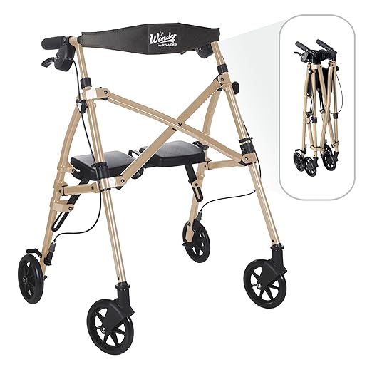 Stander Space Saver Rollator Short, Lightweight Folding Walker with Seat for Juniors & Petite Adults, 4-Wheel Mobility Aid with 6-inch Wheels, Locking Brakes, Padded Seat & Backrest, Desert Sand