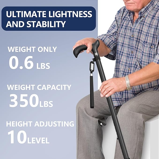 Walking Cane for Men for Stability, Walking Canes with Light,Adjustable Quad Canes for Men with Two Replacement Bases, Ultralight Carbon Fiber Walking Canes for Seniors Balance,Only 0.3kg