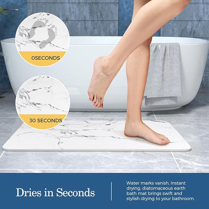 Stone Bath Mat Diatomaceous Earth Non-Slip Shower Mat with Marble-Pattern Surface, Diatomite Bath Stone Mat for Bathroom Floor -Super Absorbent, Easy to Clean (24 * 16 White)