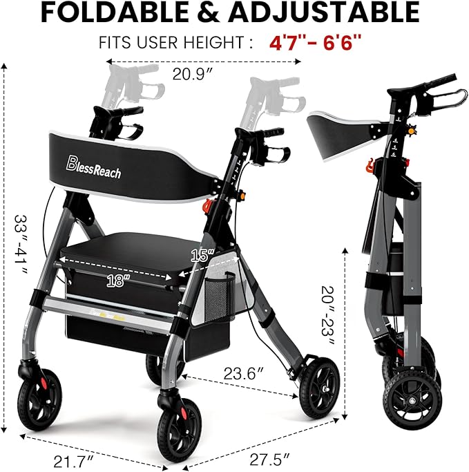 Foldable Rollator Walkers with Seat for Seniors, 450 lb Capacity, 8'' Wheels, 18" Big Seat, 6-Position Height, Heavy-Duty Aluminum Rolling Walker (Gray)