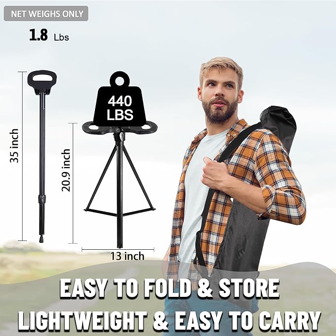 XXL Portable Walking Cane with Seat, Adjustable 34"-37" Foldable Lightweight Aluminum Anti-Slip Walking Stick for Men & Women, 550 Lbs Cane with Chair for Travel Hiking with Carry Bag