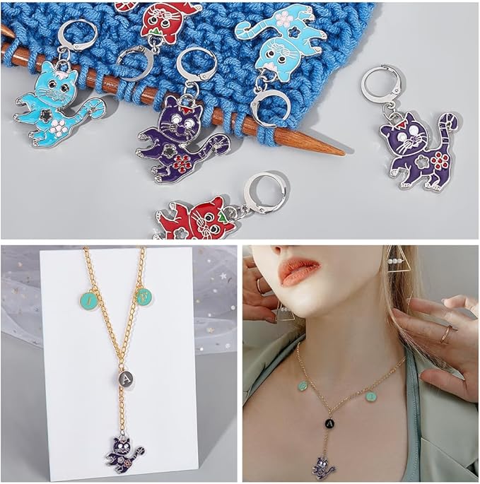NBEADS 24 Pcs Cat Stitch Markers, 3 Colors Alloy Enamel Crochet Stitch Marker Charms Locking Stitch Marker with 304 Stainless Steel Clasp for Crochet Accessories Quilting Jewelry Making