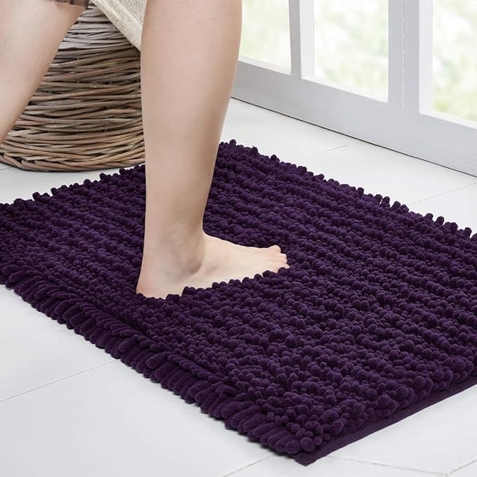 Walensee Large Bathroom Rug Non Slip Bath Mat (72x24 Inch Dark Purple) Water Absorbent Super Soft Shaggy Chenille Machine Washable Dry Extra Thick Perfect Absorbant Best Plush Carpet for Shower Floor