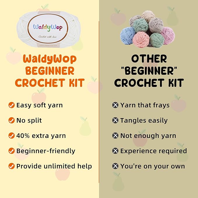 WaldyWop Crochet Kit for Beginners: 3PCS Fruit Squishies Knitting Kits, DIY Craft Kits for Adults w/Video Tutorials & Soft Yarn, Hook - Hobbies Starter Kit for Kids, Birthday Gifts Set for Girls Women