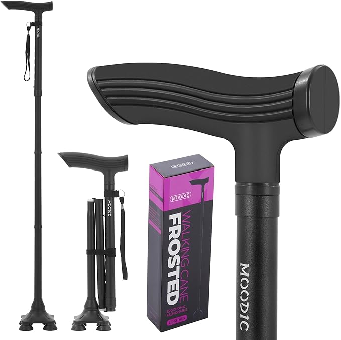 Walking Canes for Seniors Balance with Extended and Thickened Handle. Foldable; Adjustable; Collapsible; Stylish; Quad Cane for Men for Stability (Basic & Black)