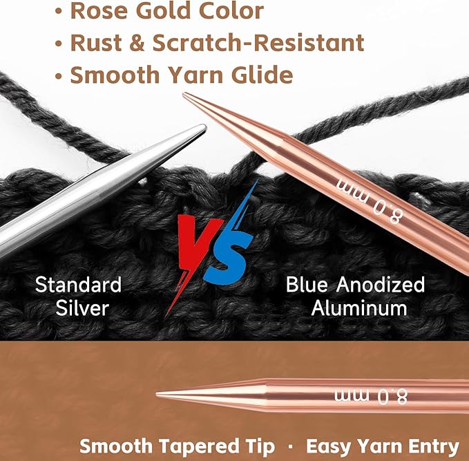 Interchangeable Circular Knitting Needles Set, 13 Pairs (26pcs) Rose Gold Aluminum Knitting Needles Kit, Sizes 3.0mm–10.0mm, Knitting Needle Case & Accessories for Knitting Beginners & Advanced