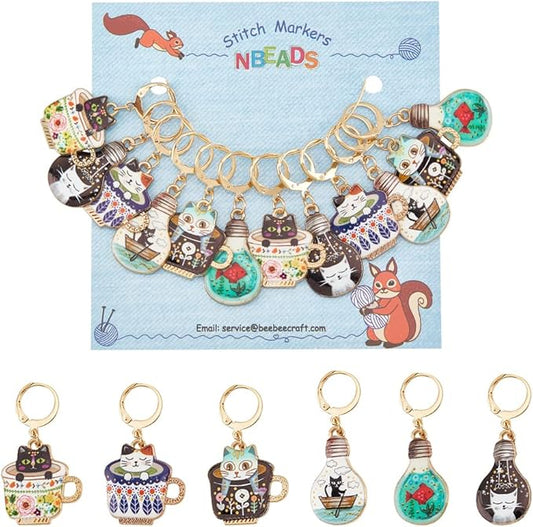 NBEADS 12 Pcs Cup Cat Stitch Markers, 6 Colors Alloy Enamel Cat Crochet Stitch Marker Charms Removable Locking Stitch Marker for Knitting Weaving Sewing Accessories Quilting Handmade Jewelry