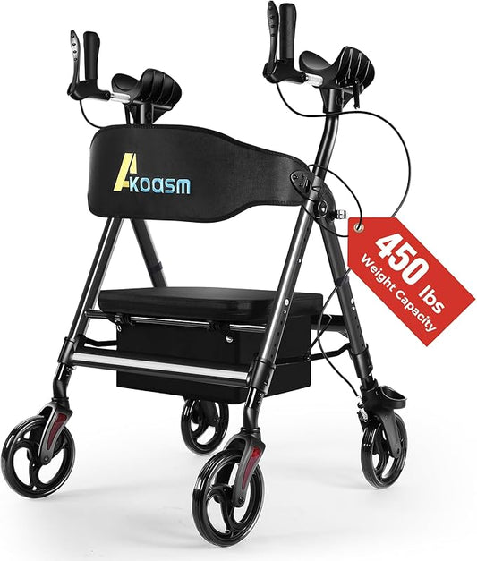 Heavy Duty Upright Walker, Rollator Walkers for Seniors, Foldable Stand Up Rolling Walker with Seat, Adjustable Padded Seat and Handle, Aluminum, All-Terrain Wheels, 450 Lb. Weight Capacity, Grey