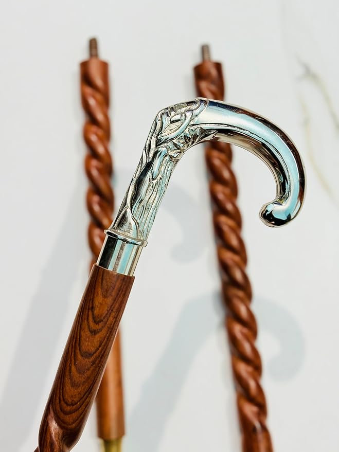 Silver Handle Wooden Walking Cane for Men & Women, Vintage Walking Stick, Twisted Wood Cane, Halloween Costume Prop, Victorian Gentlemen Cane, Antique Brass Walking Stick Gift