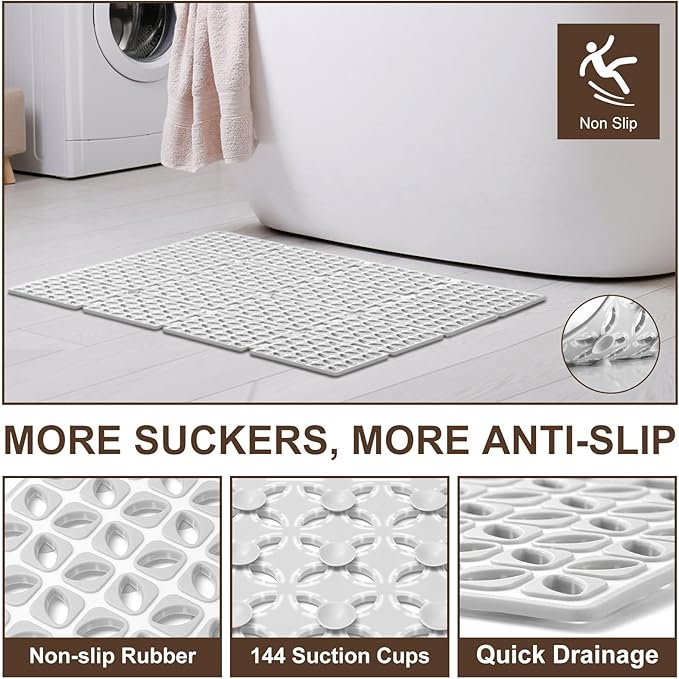Shower Mat Non Slip，24"X24" Bathtub Mat Non Slip Square Shower Mats for Inside Shower with Drain Holes Suction Cups, Quick Drain, TPE Shower Floor Mat for Elderly & Kids (Light Gray)