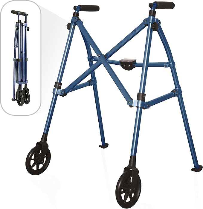 Stander Space Saver Walker, Lightweight Folding Rolling Mobility Aid for Seniors & Adults, Compact 2-Wheel Disability Device with 6-inch Wheels & Ski Glides for Walking Support, Cobalt Blue
