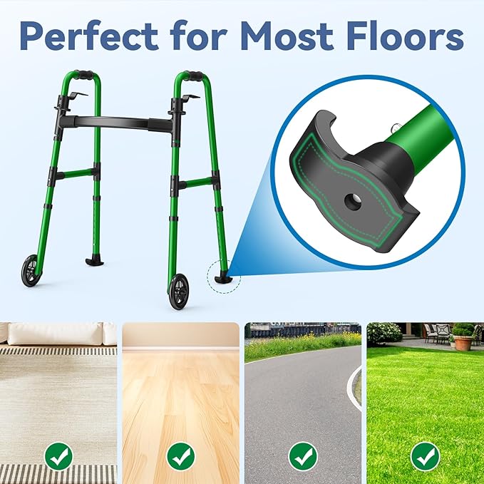 Folding Walker with 2 Skis and 5" Wheels, Lightweight Walkers for Seniors and Adults, Supports Up to 350 Pounds, Adjustable Height, Compact Standard Walker, Green