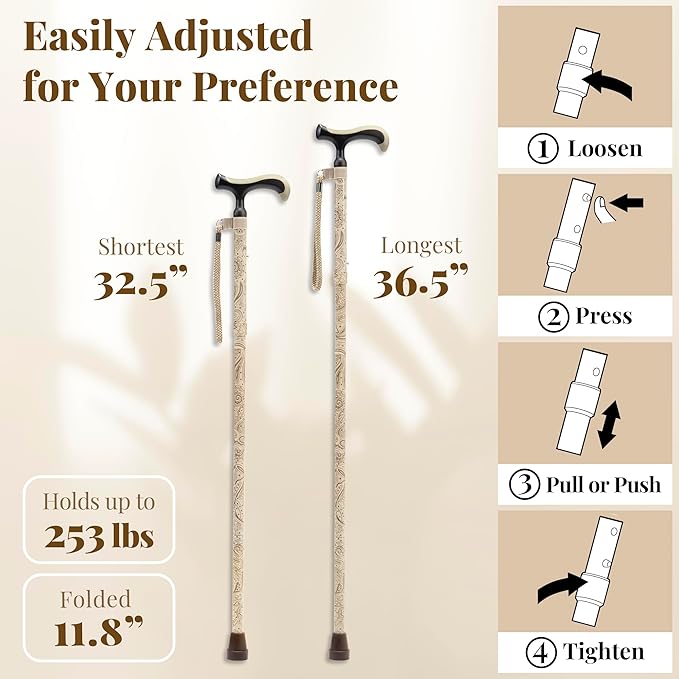 Merry Sticks Lightweight Foldable Walking Canes for Women and Men, Adjustable & Collapsible Walking Stick for Seniors, Non-Slip Ergonomic Handle with 1 Extra Replacement Cane Tip – Jet Black