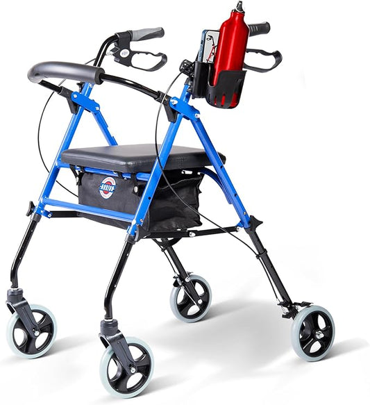 Arrigo Premium Rollator Walker with Large Cushioned Seat, Cup & Phone Holder and More – Folding, 4-Wheel Steel Rolling Walker with Brakes & Zippered Storage – Adjustable Height 350 lbs Capacity