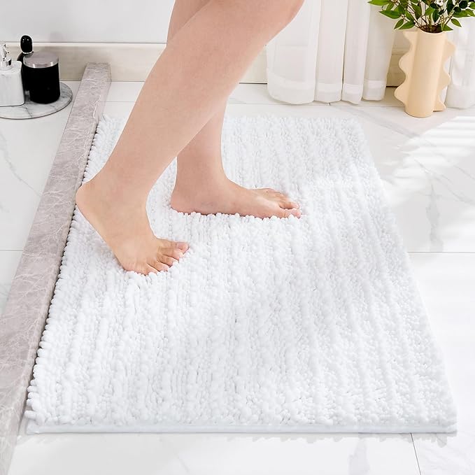 Non Slip Bathroom Rug Machine Washable Thick White Bath Mat 24x36 Soft Absorbent Bathroom Floor Mat Chenille Bath Rug for Shower Tub