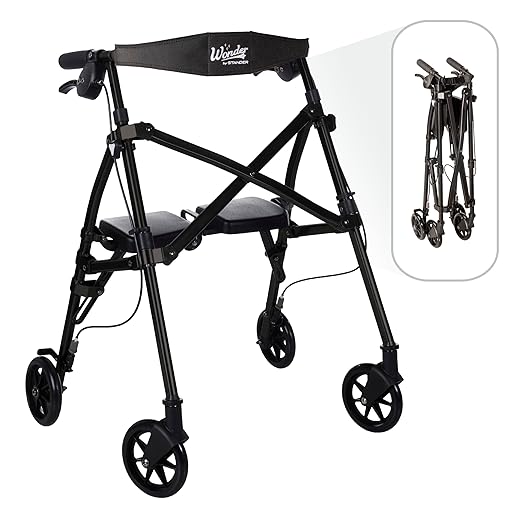 Stander Space Saver Rollator Short, Lightweight Folding Walker with Seat for Juniors & Petite Adults, 4-Wheel Mobility Aid with 6-inch Wheels, Locking Brakes, Padded Seat & Backrest, Matte Black