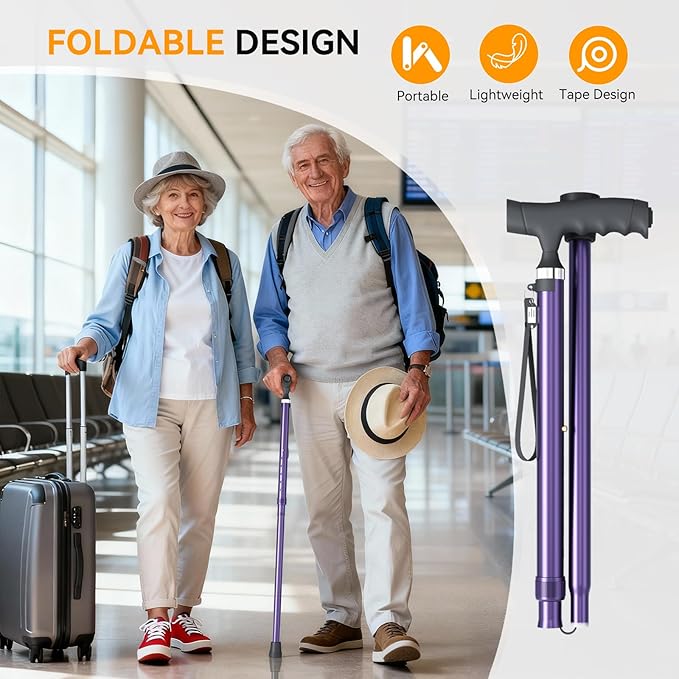 Walking Cane with LED Light for Seniors Men Women, Adjustable Folding Canes for Elderly, Ergonomic Handle & All Terrain Shock Absorbing Base, Walking Sticks for Indoor Outdoor Travel Hiking Support
