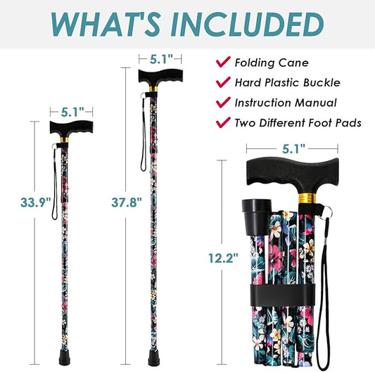 Walking Cane PANZHENG Cane for Man/Woman | Mobility & Daily Living Aids | 5-Level Height Adjustable Walking Stick | Comfortable Plastic T-Handle Portable Walking Stick Folding Cane