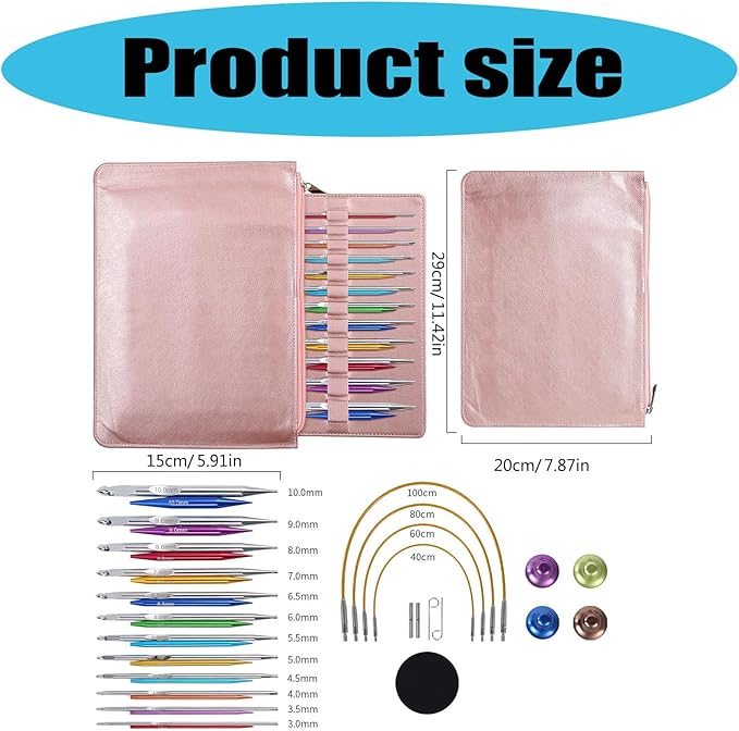 12Pairs Interchangeable Tunisian Crochet Hook Set 3.0mm-10mm Aluminum Circular Knitting Needle for Sweater Blanket Bag