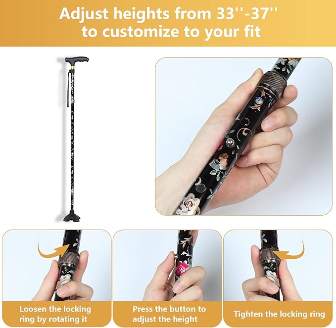 Walking Cane with LED Light, Foldable,Adjustable, Self Standing Walking Canes for Men & Women,Walking Sticks with Quad Base for Seniors & Adults