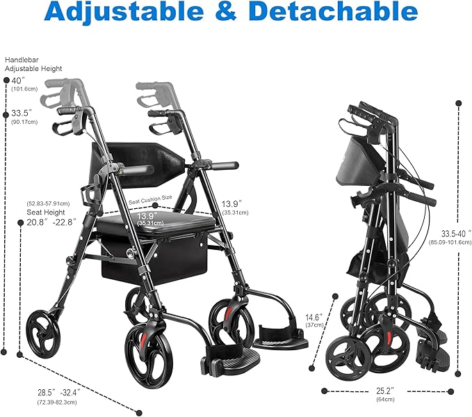 Foldable Rollator Walker with Seat for Seniors & Adults Lightweight 2-in-1 Walker and Wheelchair Combo Adjustable Handle Height and Seat Transport Chair with Brakes 300 lbs Weight Capacity