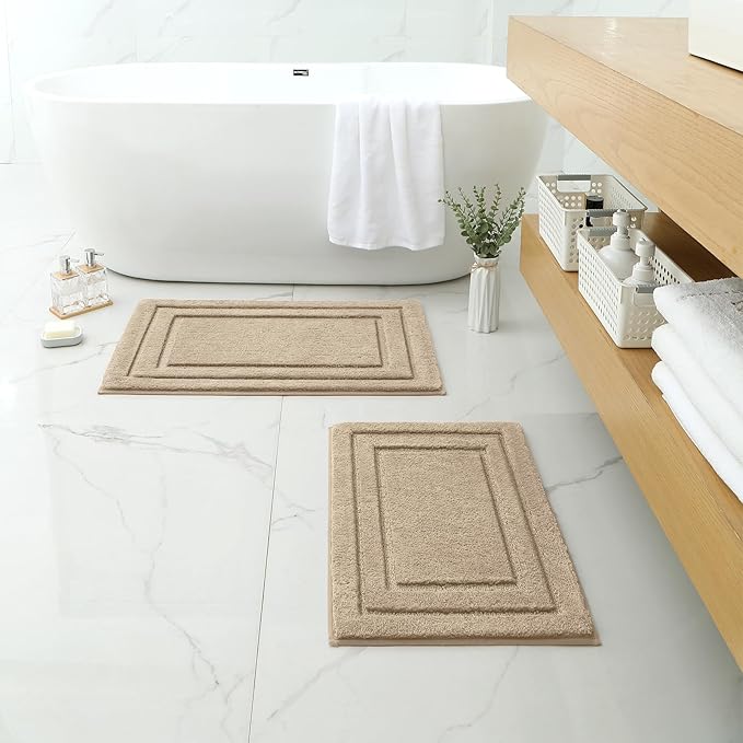HOMEIDEAS 2 Pieces Farmhouse Bathroom Rug, Super Soft and Absorbent Non Slip Microfiber Machine Washable Bath Mat Set for Bathroom, Farmhouse Bath Decor(20" x 32" + 16" x 24", Khaki)