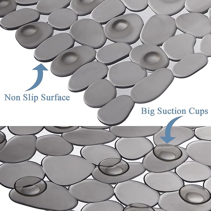Bath Shower Mat Non Slip: Extra Large Pebble Bathtub mat for Families, Anti Slip Shower Matt with Drain Holes Suction Cups Tub Mat - 16 X 40 Inch Clear Grey