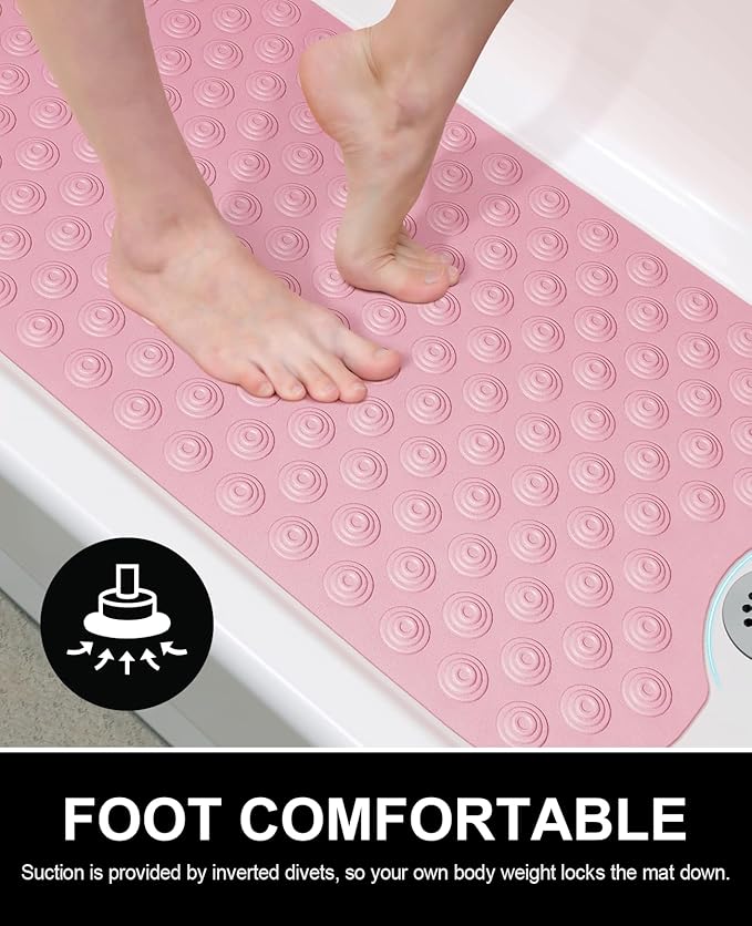 OTHWAY No Suction Cup Bath Mat: 39x16inch Extra Long Bathmat│Perfect for Refinished Bathtub Mat│Made of Nature Rubber│a Blessing for The Elderly and Children (Pink)