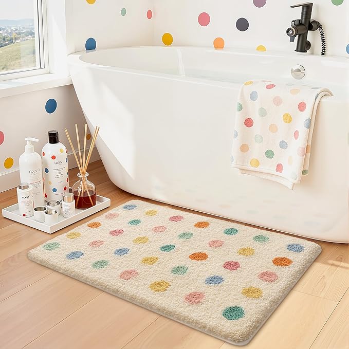 LUMI Bathroom Rugs, Soft Absorbent Bath Mat for Modern Home Decor, Non-Slip Quick-Dry Bath Rug, Machine Washable Floor Mat for Shower and Tub, Entryway, 20"x32", Colorful Dot