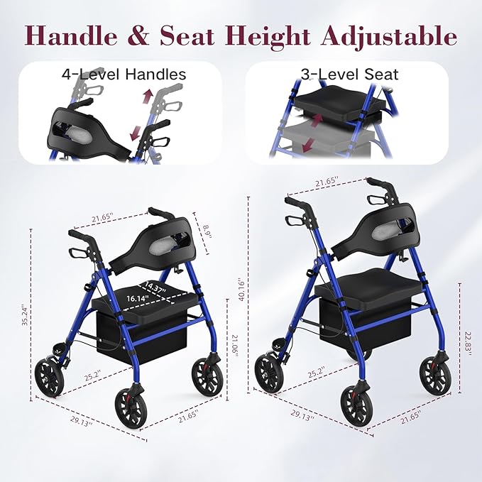 Walkers for Seniors, Foldable Rollator Walker with Seat, 8" Big Wheels, Lightweight Rollator Walker with Ergonomic Backrest, Adjustable Handles and Seat Height, 310 Lbs Weight Capacity, Blue