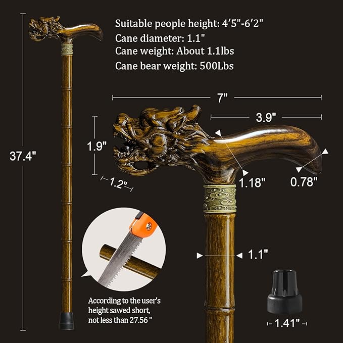 Wooden Cane, Hand Carved High-end Walking Cane for Men and Women, Lightweight Design Support Up to 500lbs Dragon Canes for Seniors, Suitable for Discerning Personal and Gift Use