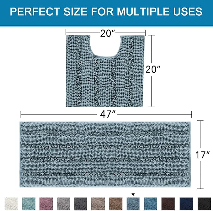H.VERSAILTEX Bathroom Rugs Bath Rug Set 2 Piece Bathroom Contour Rug Toilet Mat Sets Non Slip Contour Bath Rug Ultra Thick Water Absorbent Striped Bath Mats(47" x 17" Plus 20" x 20" U, Stone Blue)