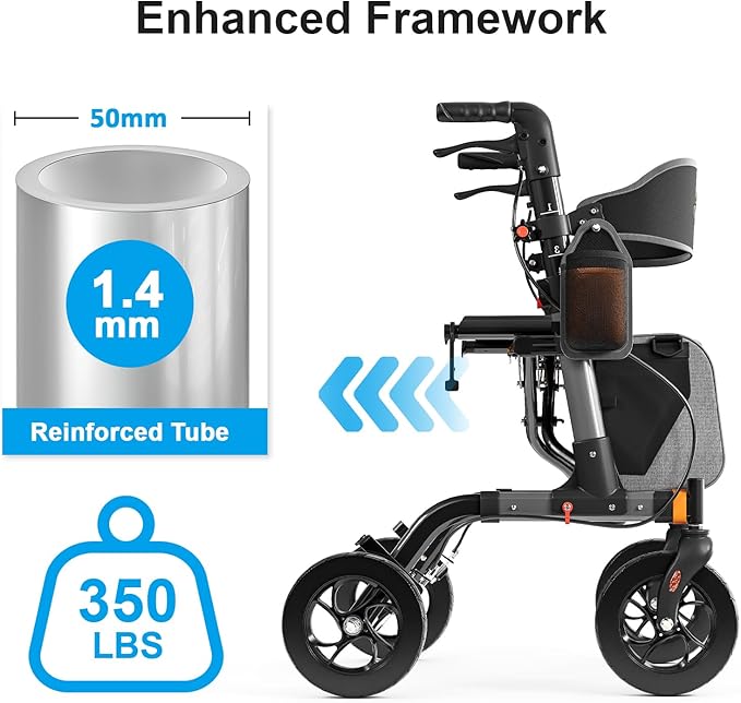 Walkers for Seniors, Rollator Walker with Seat, 350 lb Weight Capacity, 18" Big Seat, 8" All-Terrain Wheels, 6-Level Adjustable Height, Lightweight Aluminum Frame Rollator Walkers for Seniors (Gray)