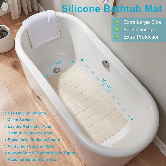 Non-Slip Bath Mat for Tub & Shower：Silicone Foldable Bathtub Mat with Strong Suction Cups, Quick Drain Holes, Machine Washable Extra Large Bathroom Mats 35.8" x 17.7", Beige
