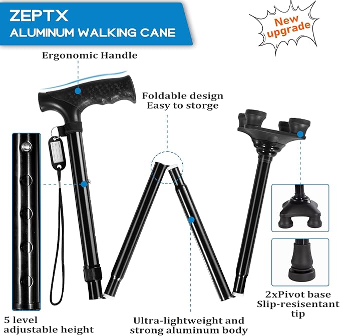 Folding Walking Quad Cane for Men and Women,Ultra Lightweight Sturdy Height Adjustable Nonslip Rubber Tips Free Standing Cane,Collapsible Walking Sticks for Seniors & Adults [Black]