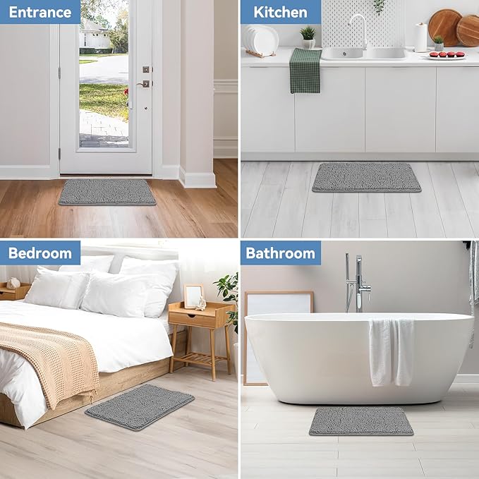 Bcoimo 24"×17" Absorbent Bath Mat, Non-Slip with Backing Chenille Bath Rug and Machine Washable Bathroom Mat Quick-Dry Design. Ideal for Bathroom and Tub Areas