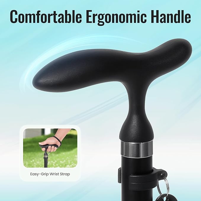 Careboda Foldable Walking Cane, Walking Cane with Adjustable Height, Folding Cane with T-Handle, Free Standing Cane for Seniors & Adults, Mobility and Daily Living Aids, Supports up to 300 lbs, Black