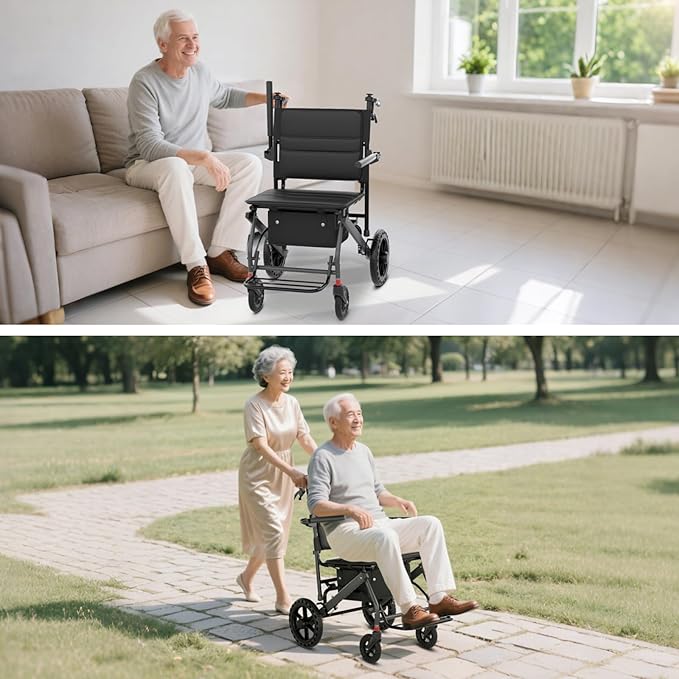 Nihhcune Wheelchair Walker for Seniors, Ultra Foldable Lightweight Rollator Walker with One-Hand Fold No Installation Portable Mobility Walking Aid with Handbrake Seat Belt Storage Bag, 300lb Capacity