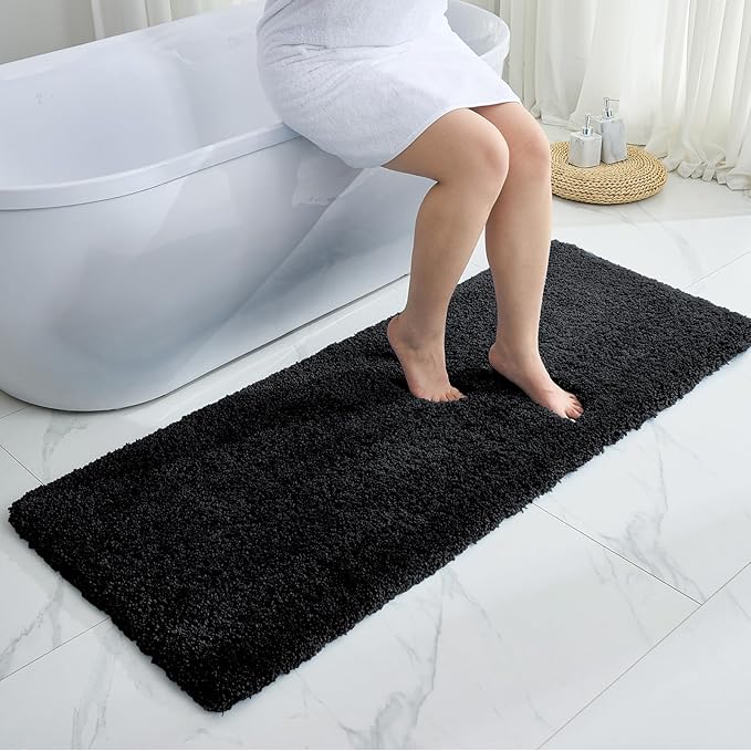 Bathroom Rug 24x48 Non Slip Fluffy Bath Mat for Bathroom Floor Washable Plush Luxury Bath Rug for Tub Soft Shower Mat, Black