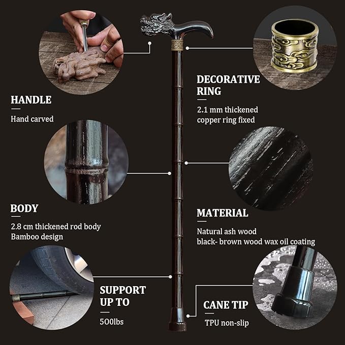 Wooden Cane, Hand Carved High-end Walking Cane for Men and Women, Lightweight Design Support Up to 500lbs Dragon Canes for Seniors, Suitable for Discerning Personal and Gift Use