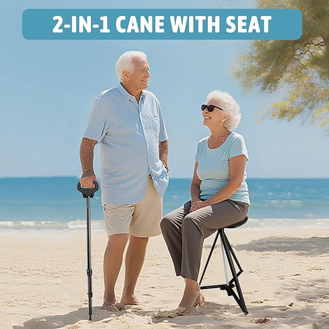 ALEVMOOM Walking Cane with Seat Folding Lightweight, 2-in-1 Cane Stool for Adults, Aluminum Walking Stick with Seat, Portable Stool for Senior, with Carry Bag